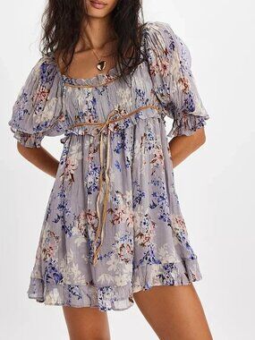 Free People Marney Mini Dress Floral Printed Puff Sleeve Beach Boho S